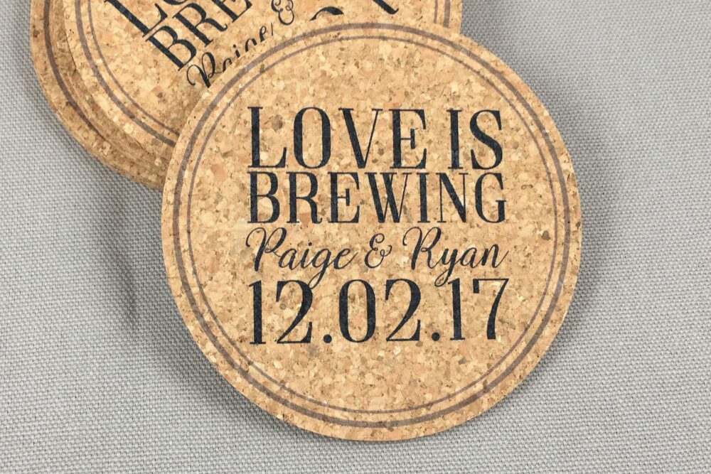 Love Is Brewing Coasters, Wedding Favor For Guests, Personalized Cork Bridal Shower Save The Date Coaster, Coasters
