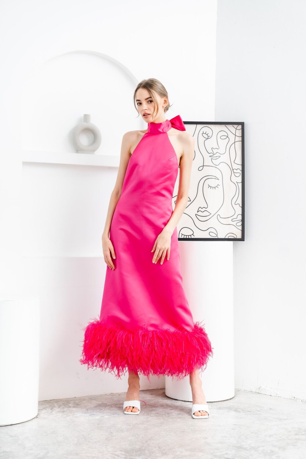 Fuchsia Feathers Halter Midi Dress For Women, Unique Wedding Dress, Wedding Guest Dress, Plus Size Dress, Ball Gown