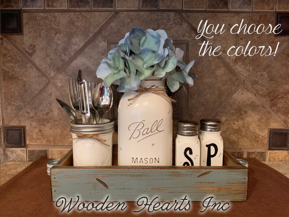 Distressed Wood Tray Centerpiece, Mason Jar Vase, Salt & Pepper Shakers, Flower Kitchen Decor