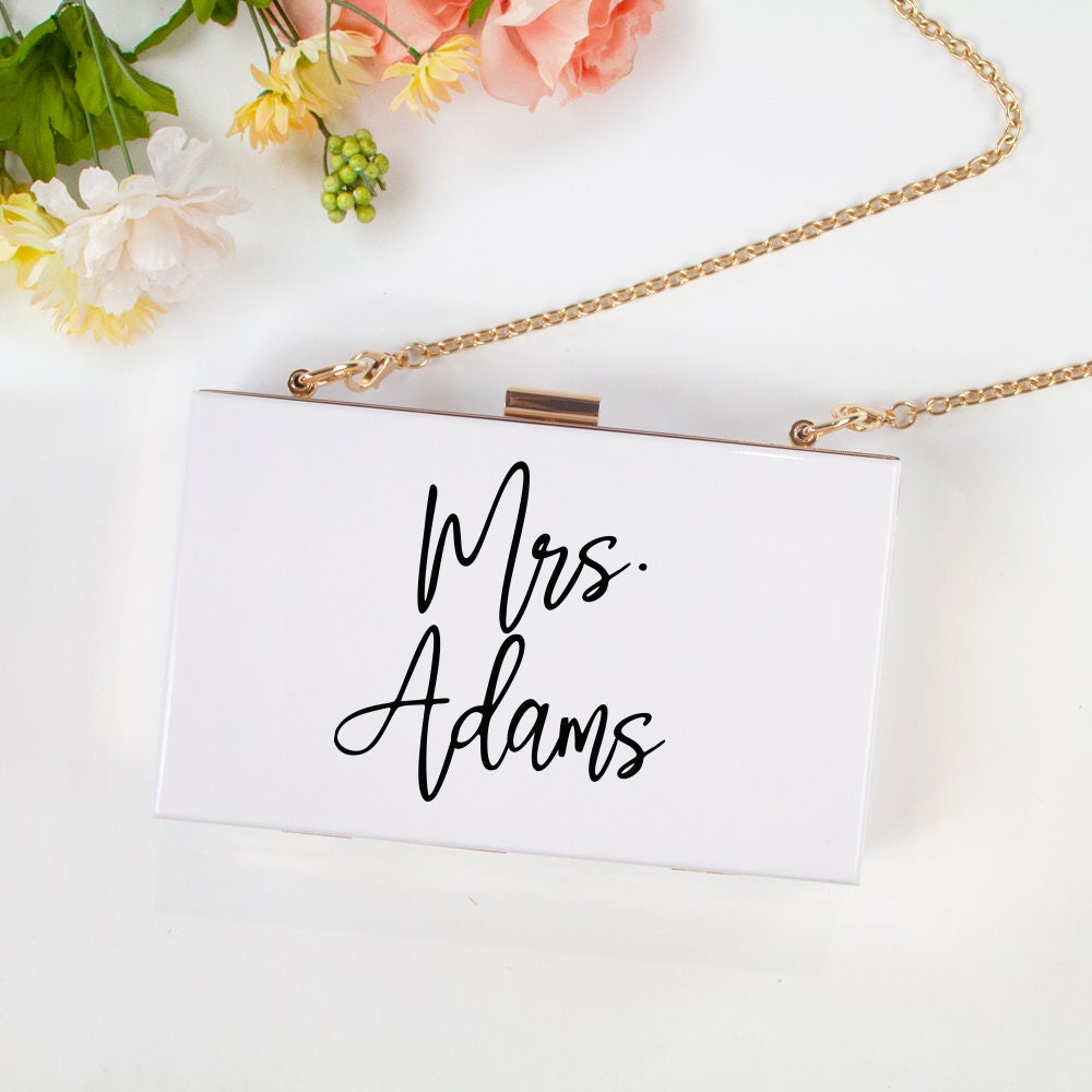 Mrs Last Name Purse Bride Clutch Honeymoon For Wedding Bridal Custom Gift Personalized Acrylic