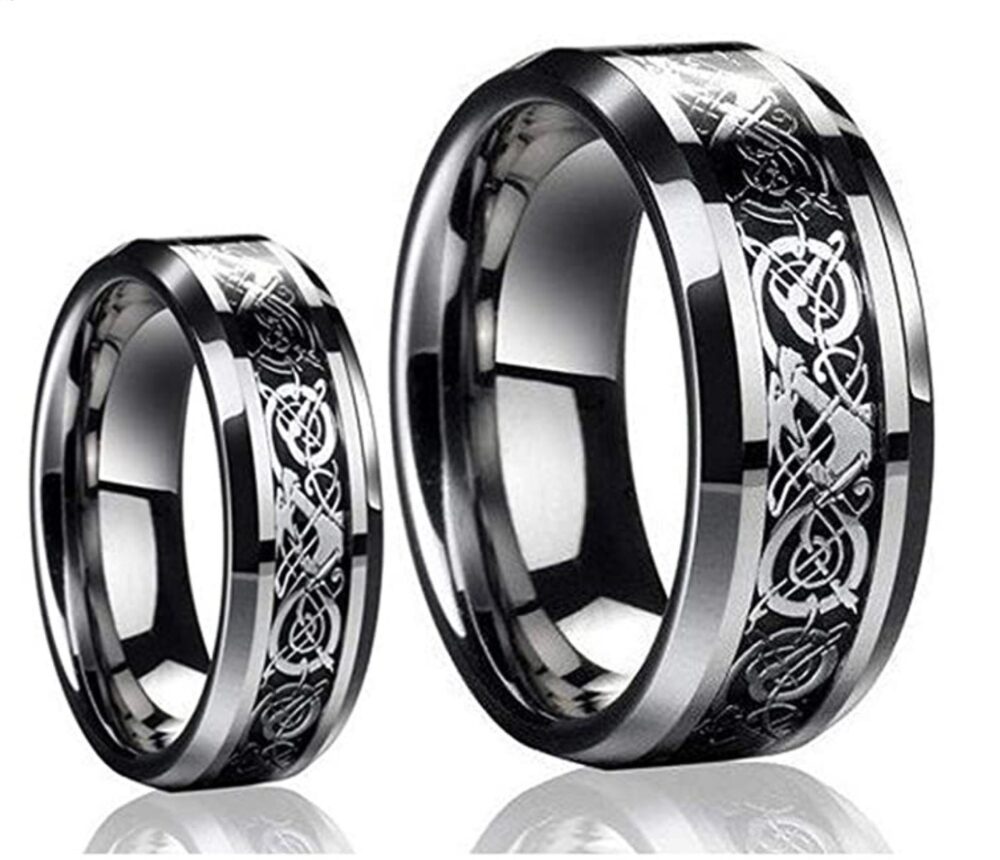 Personalized Celtic Dragon Ring, Tungsten Wedding Band Set, Custom 8mm & 6mm Engagement Black Carbon Fiber Ring For Him & Her