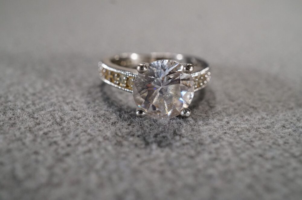 Vintage Sterling Silver Wedding Band Engagement Stacker Design Ring 23 Round Prong Set White Topaz Art Deco Style, Size 6.5