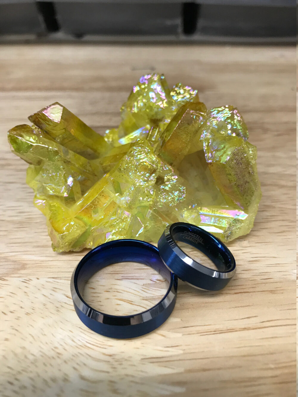 His & Hers Blue Tungsten Wedding Band Set, Custom Engraved Jewelry, Beveled Edge 8mm & 6mm Rings, Durable Sleek Design Matching Rings