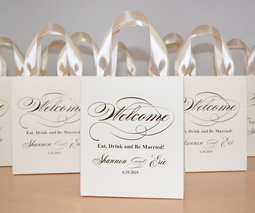 100 Wedding Welcome Bags With Champagne Satin Ribbon Handles & Gold Foil Names, Eat Drink Be Married, Personalized Favor Bags For Guests