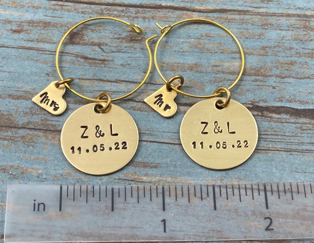 Set Of Two Personalized Wedding Glass Charms, Mr Mrs Custom Initials & Date, Rustic Hand Stamped Brass Wine Tags, Couple Gift For
