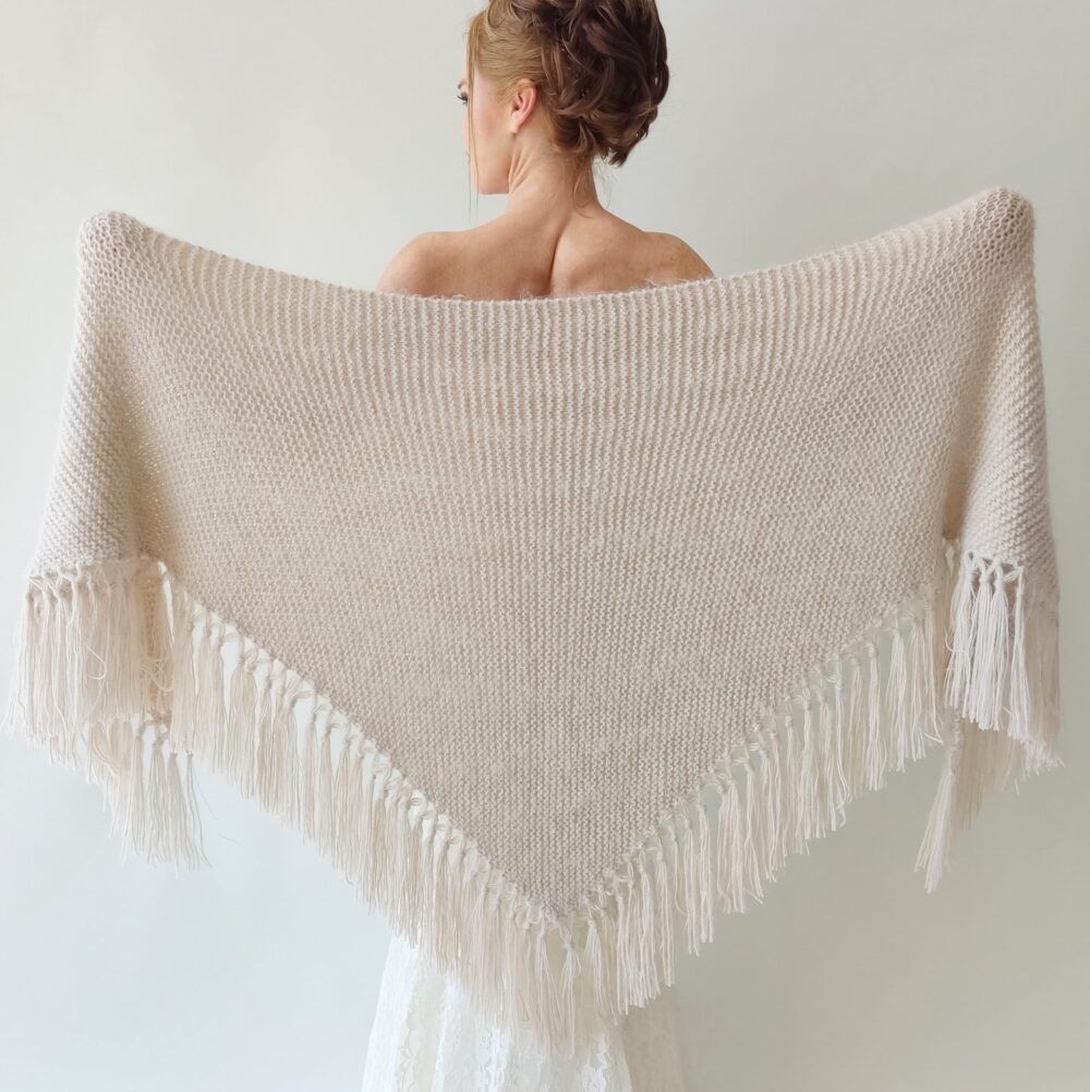 Beige Wedding Shawl, Champagne Cover Up, Bone Winter Wrap, Bridesmaid Gift, Fringed Wool Mohair Evening Stole, Triangular Warm
