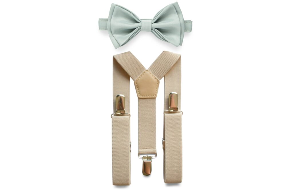 Dusty Sage Bow Tie & Tan Beige Suspenders For Wedding Groom Groomsmen Ring Bearer, Suspenderes Toddler Boys Mens
