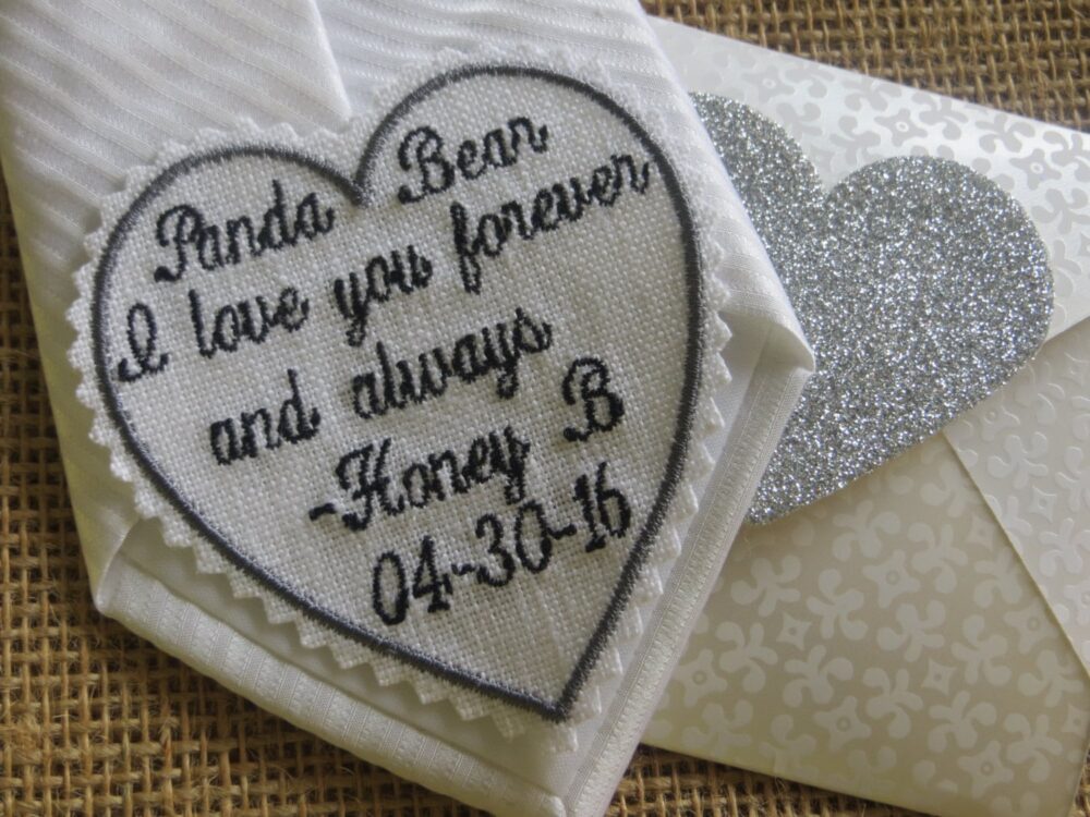 Embroidered Wedding Tie Patch Or Dress Label. Father Of The Bride, Groom, Best Man. Linen Fabric. Handkerchief