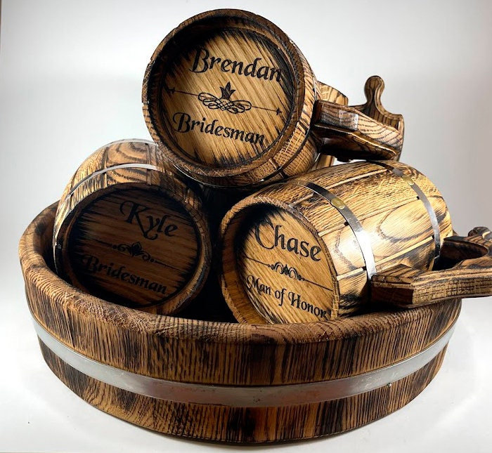 Wedding Party Gifts, Set Of 3, 4, 6 Wooden Beer Mugs With Oak Tray, Groomsmen Personalized Vintage Mug, Viking Tankard, Stein