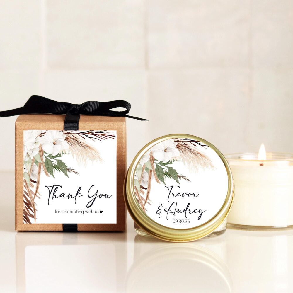 Personalized Soy Wedding Favor Candles Pampas Grass Boho Decor