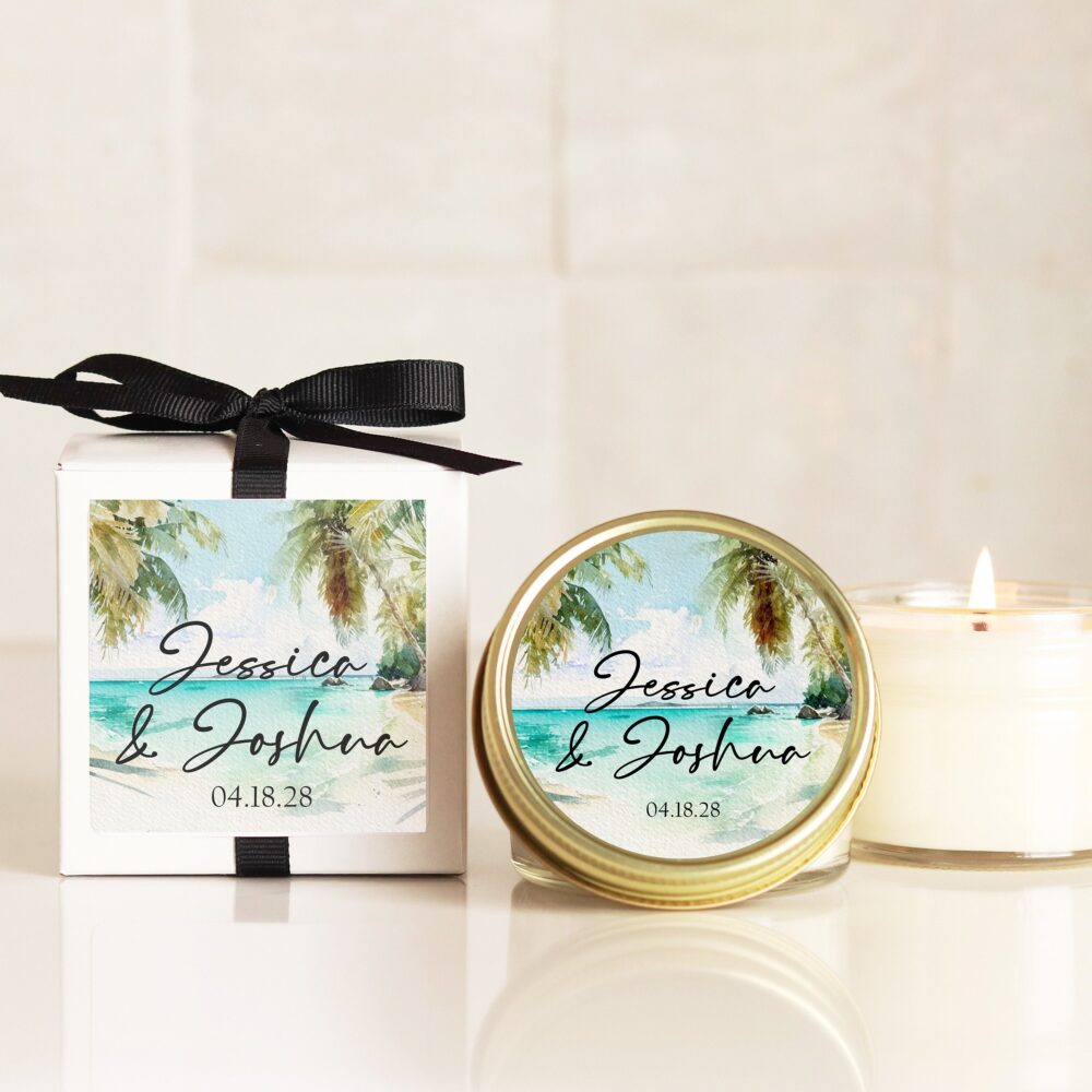 Personalized Beach Wedding Favor Candles Tropical Soy Wax Candles