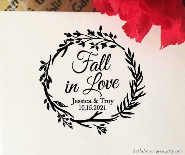Fall Wedding Favor Stamp, Autumn Wreath, Personalized Rubber Stamp
