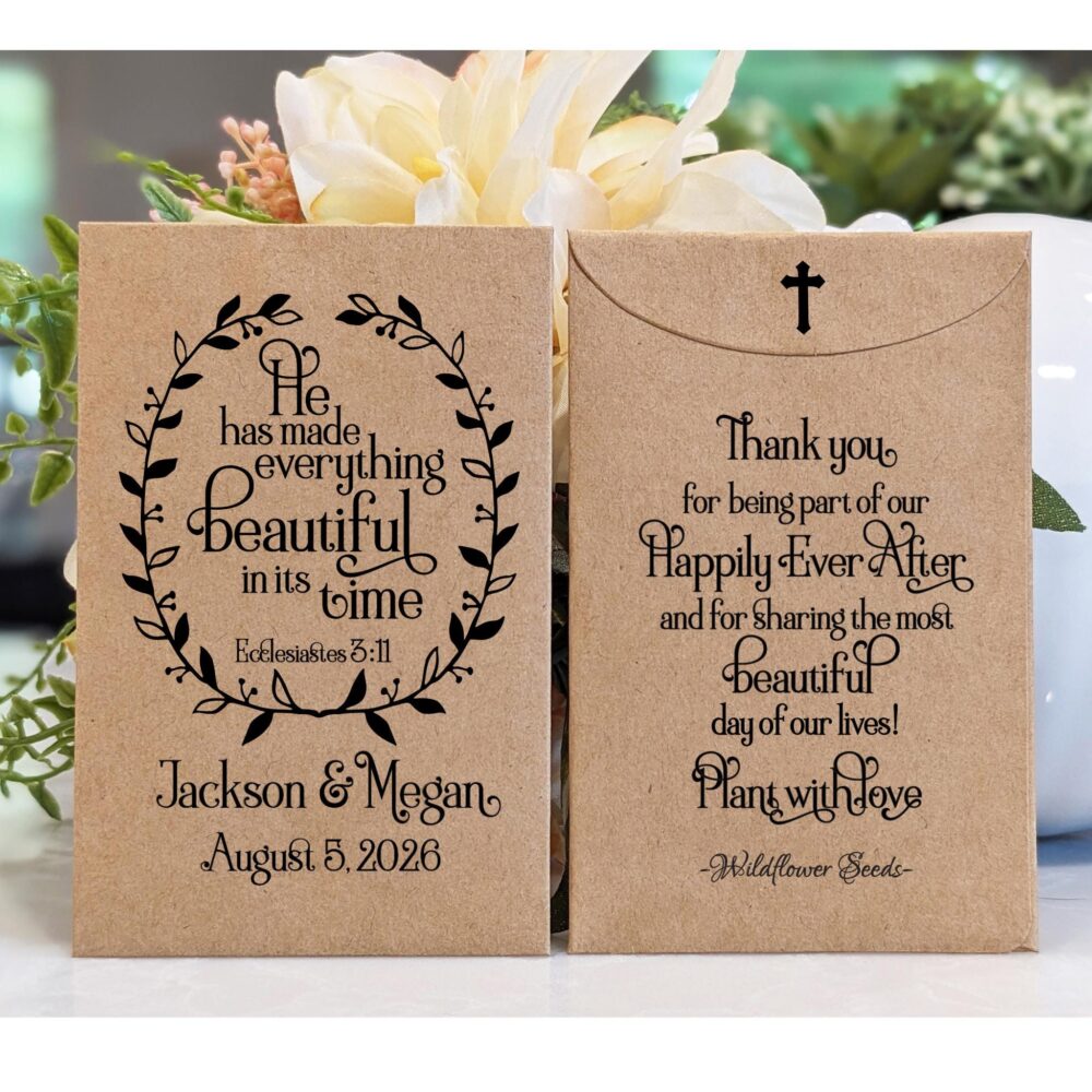 Custom Christian Wedding Favors, "He Has Made Everything' Scripture Favor, Bible Verse Seed Packet Rustic Bridal Shower