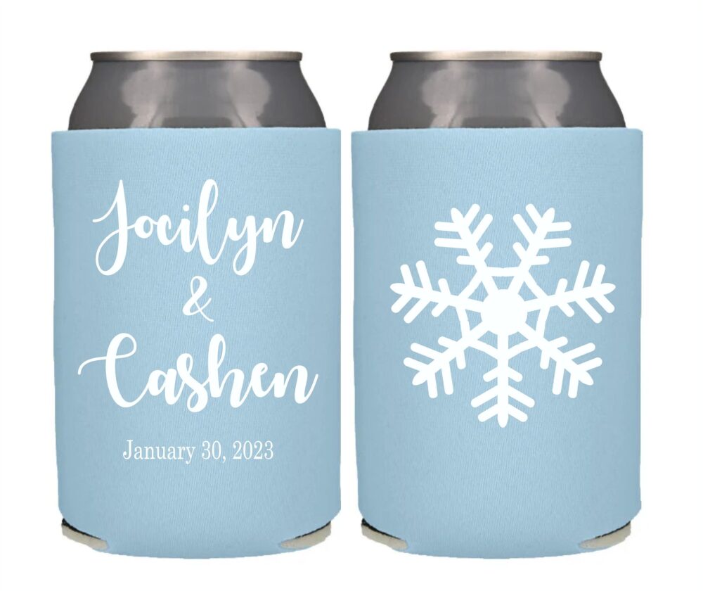 Snowflake Wedding Favor Can Cooler Personalized Winter Theme Favor, Coolers, Custom Snow