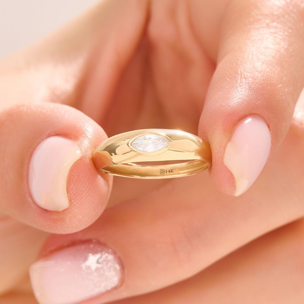 Bezel Dome Ring, 14K Solid Gold Chunky Statement East West Bubble Bold Pinky Diamond Cz Marquise Thick Ring