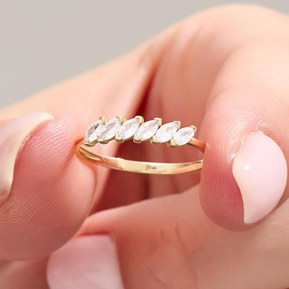 14K Solid Gold Marquise Wedding Ring, Slanted Prong Set Cz Band For Women
