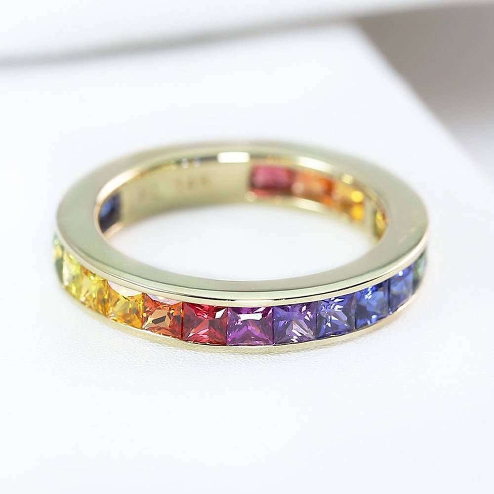 Rainbow Sapphire Eternity Band Ring 18K Yellow Gold 5Ct Tw Princess Cut Channel Set Women's Statement Jewelry R2045-2.8mm-18K-Yg