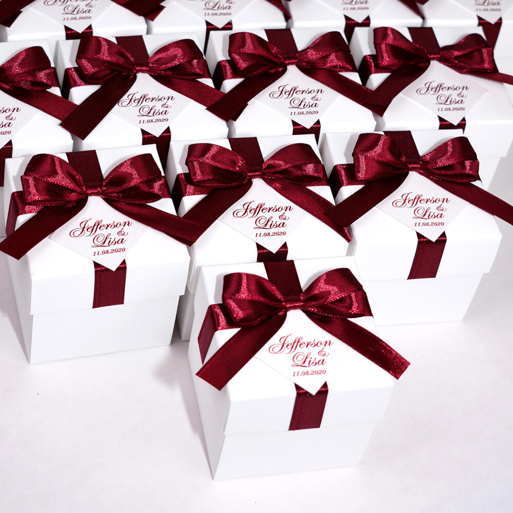 Elegant Wedding Bonbonniere, Favor Boxes With Wine Burgundy Satin Ribbon Bow & Personalized Tag, Custom Candy Box For Party Guests