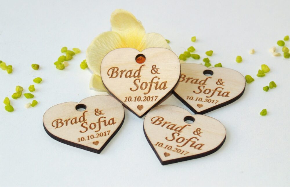 Wedding Favor Tags, Wood Favors, Wedding Rustic Custom Heart Name Tag