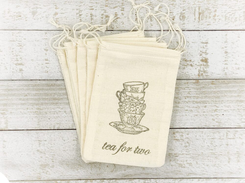 Favor Bags For Wedding, Shower, Or Party - Hand Stamped Cotton Favor Bags Tea Two, Vintage Teacups, Tea Party Favors, Gift Guests
