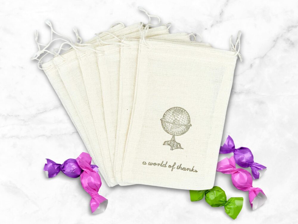 Thank You Favor Bags For Wedding, Shower, Or Party - Small Cotton Gift Bags, Vintage Globe, World Of Thanks Travel Theme Party Idea