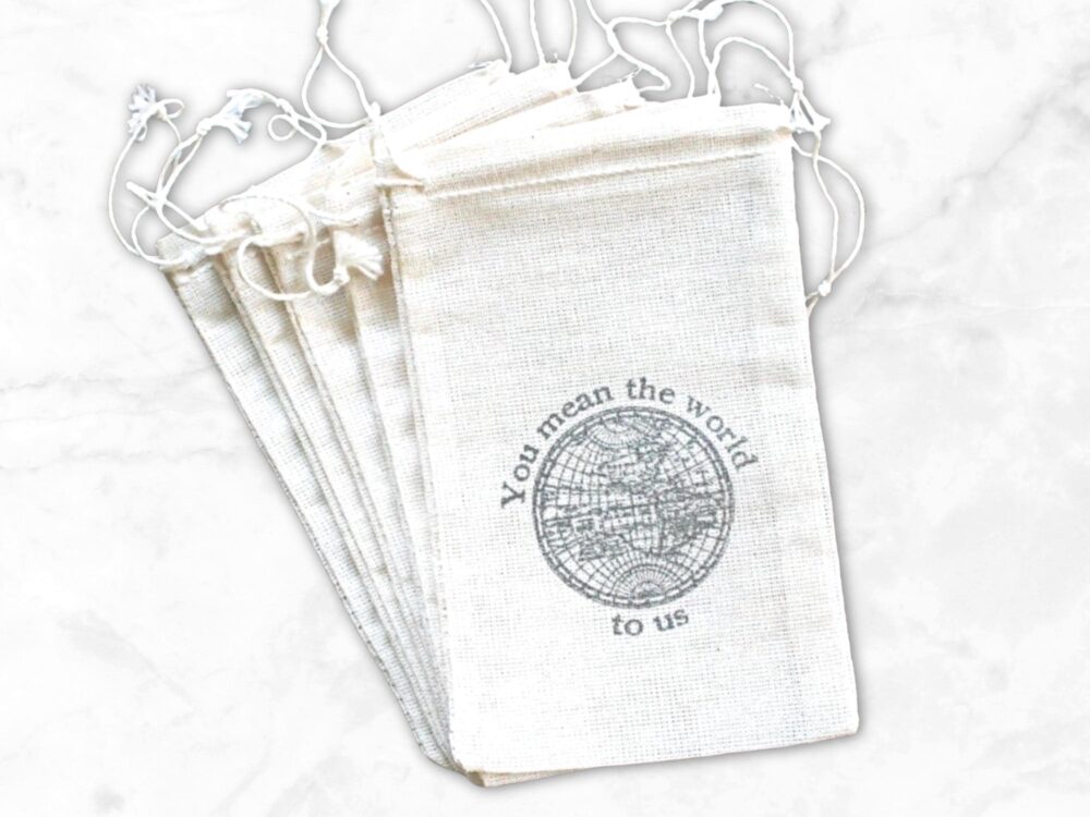 Favor Bags For Wedding, Shower, Party - Cloth Gift Bags, You Mean The World To Us, Vintage Globe, Travel Or Destination, Guests
