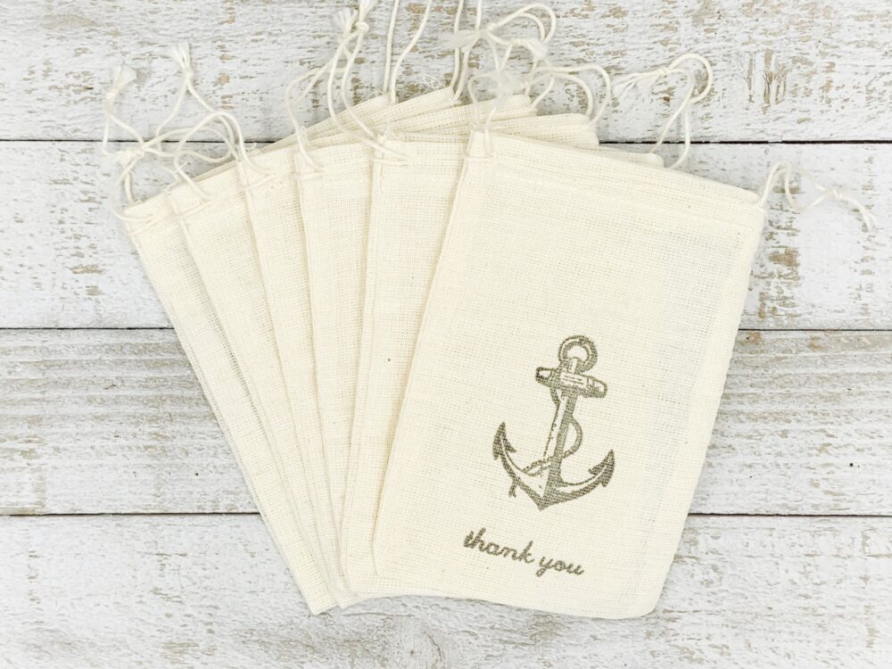 Nautical Favor Bags For Wedding, Shower, Or Party - Rustic Cotton Gift Bags, Vintage Style Anchor, Thank You Drawstring Party Favor Bags