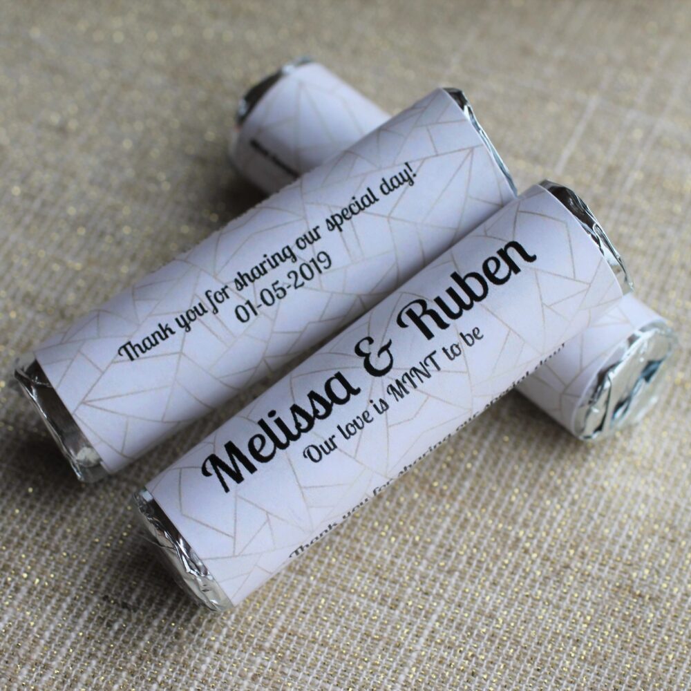 Gold Geometric Wedding Favors, Personalized Mints With Custom Label, White Wedding, Modern Style