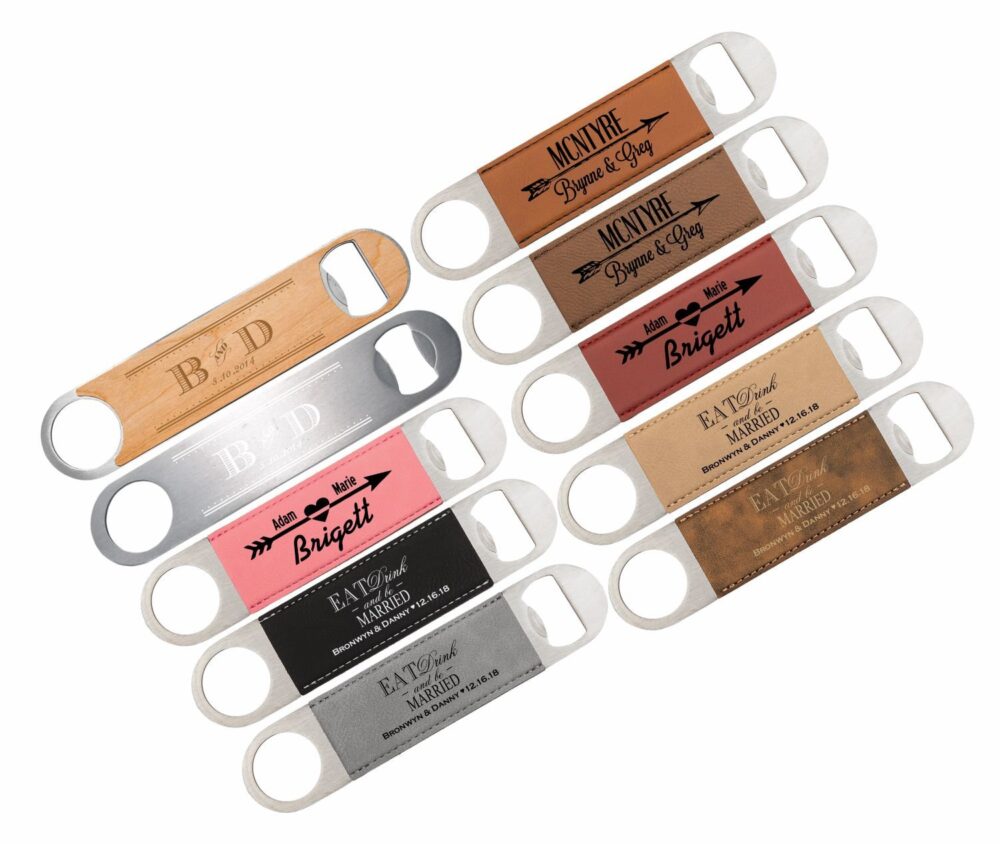 Personalized Wedding Favor Bottle Opener - Wedding Favor Custom Engraved in Leather, Wood Or Stainless Beer Openers