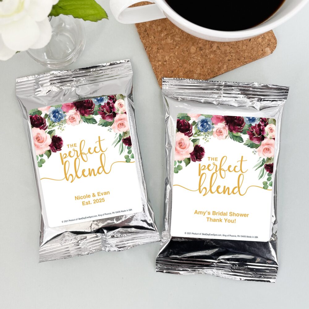 The Perfect Blend Wedding Favor Coffee, Burgundy & Blue Floral Wedding, Personalized Coffee Favors, Bridal Shower Favors - Set Of 30