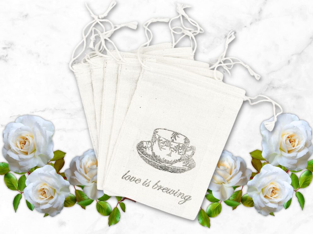 Hand Stamped Tea Favor Bags - Love Is Brewing Teacup Design Eco Friendly Cloth Wedding Favors, Bridal Shower Or Party Gift