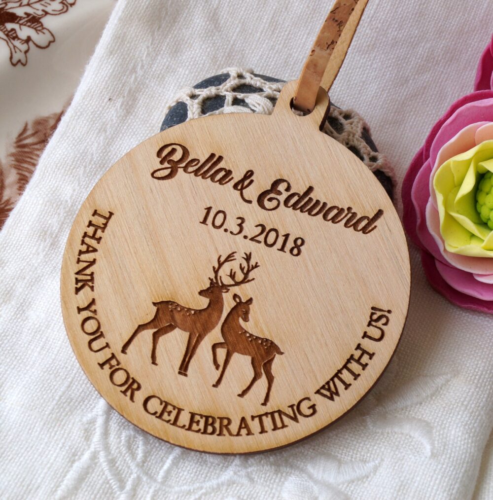 Wedding Ornaments, Wedding Favors, Personalized Wooden Favor Ornament, Custom Made Buck & Doe Design, Set Of 25