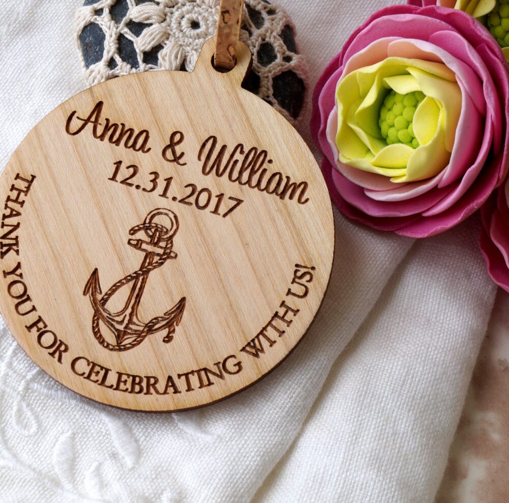 Wedding Favors, Wedding Ornaments, Wooden Beach Nautical Design, Anchor Thank You Gifts, 25 Pc
