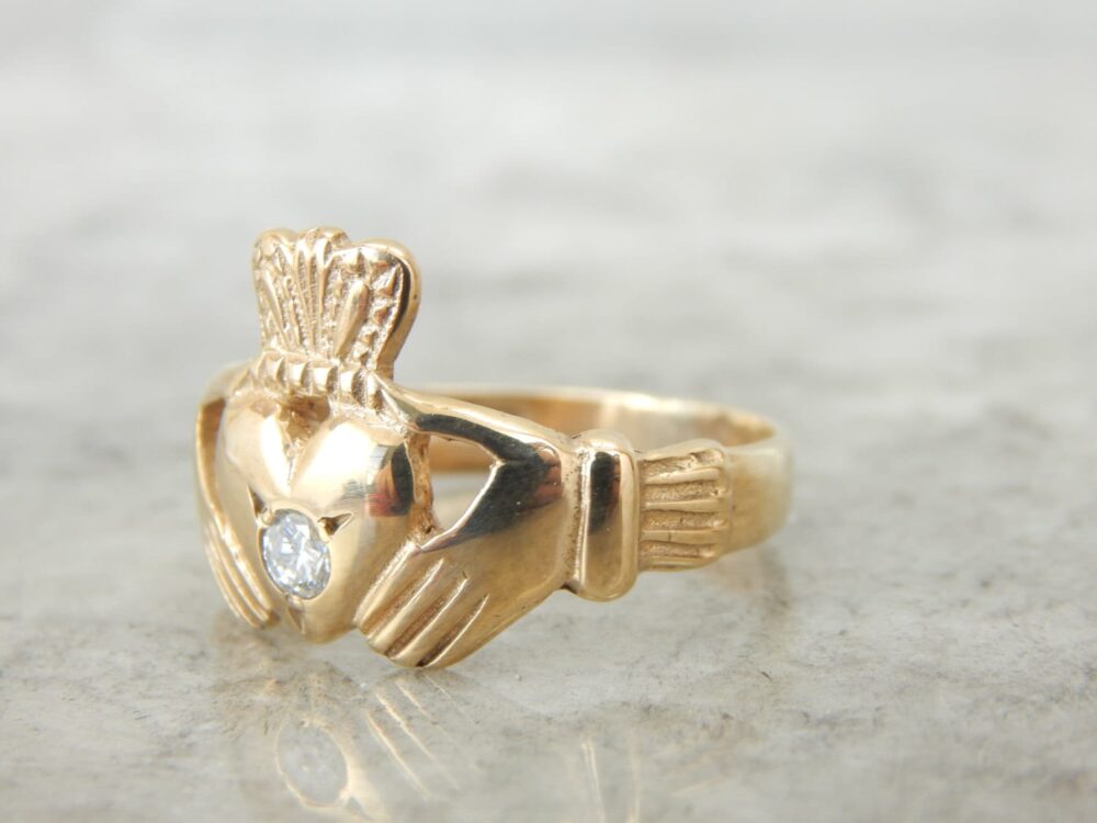 Diamond Center Gold Claddagh Ring, Vintage Irish Wedding, Unisex Band Rwy3Wt-D