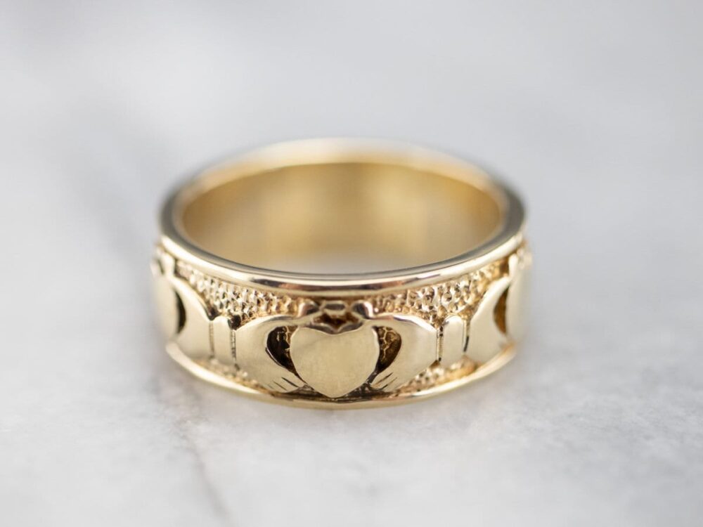 14K Yellow Gold Claddagh Wedding Band, Irish Jewelry