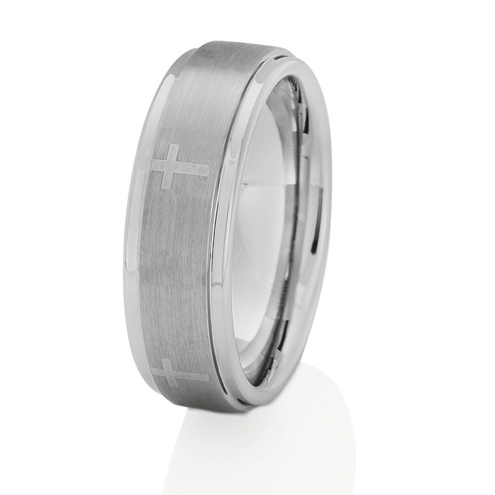 Cross Tungsten Wedding Band Silver Comfort Fit Ring