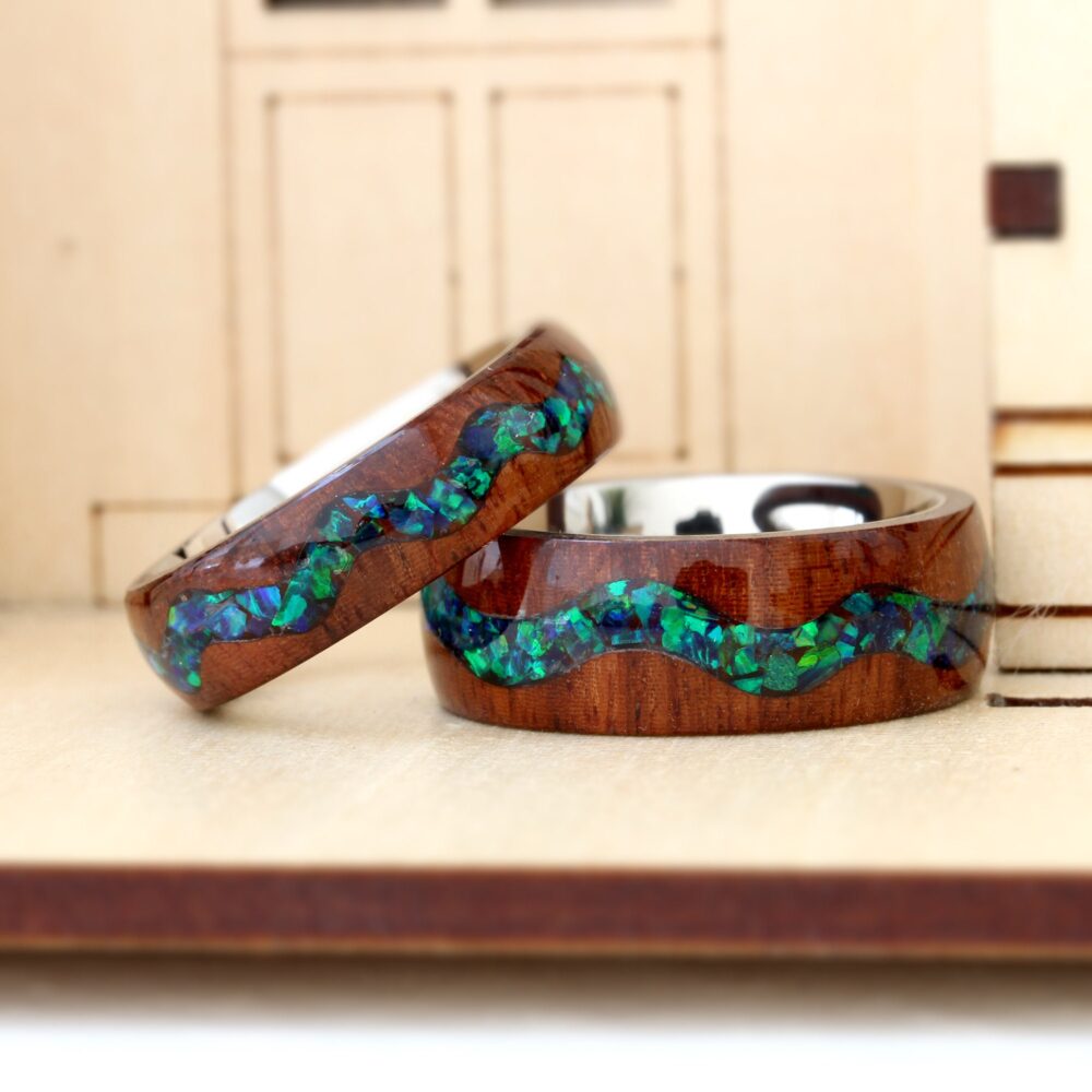 Wood Wedding Band Set Fire Opal Inlay, River Pattern Rings