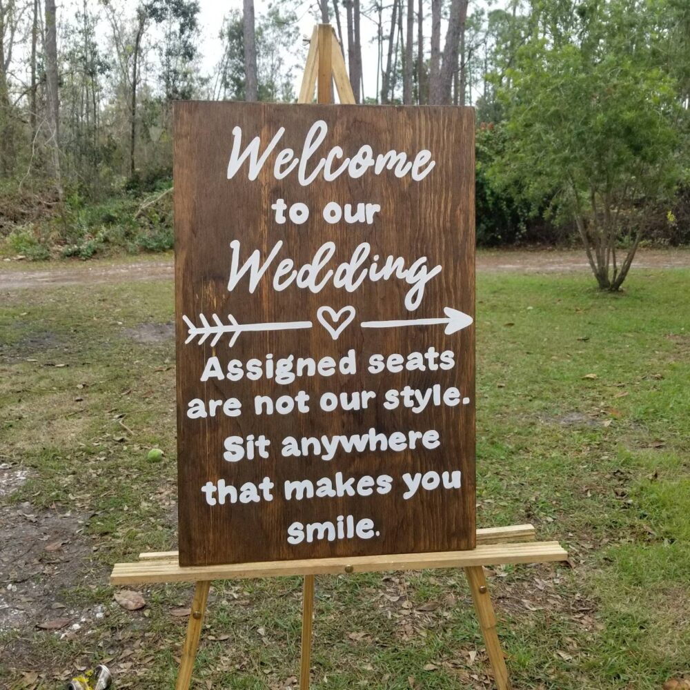 Rustic Wood Wedding Welcome Sign Open Seating Ceremony Decor