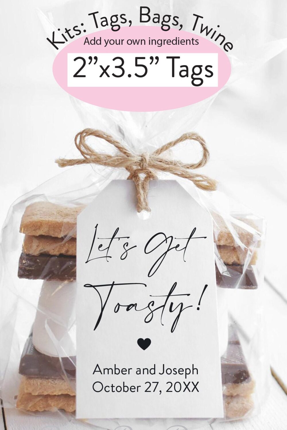 Smore Party Favor Kit Custom Tags, Bags & Twine, Lets Get Toasty