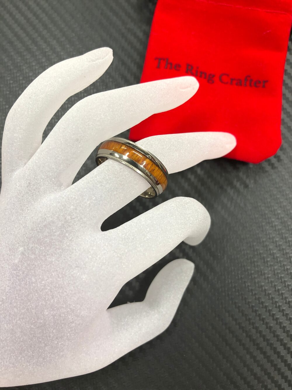 Custom Engraved Titanium Wedding Ring, 8mm Domed Band With Hawaiian Koa Wood Inlay & Migraine Edge, Unisex Style Unique Gift For Him Or Her