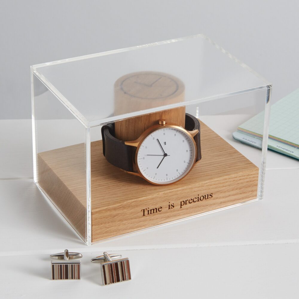 Personalized Oak Watch Stand With Acrylic Case, Engraved Groom Gift