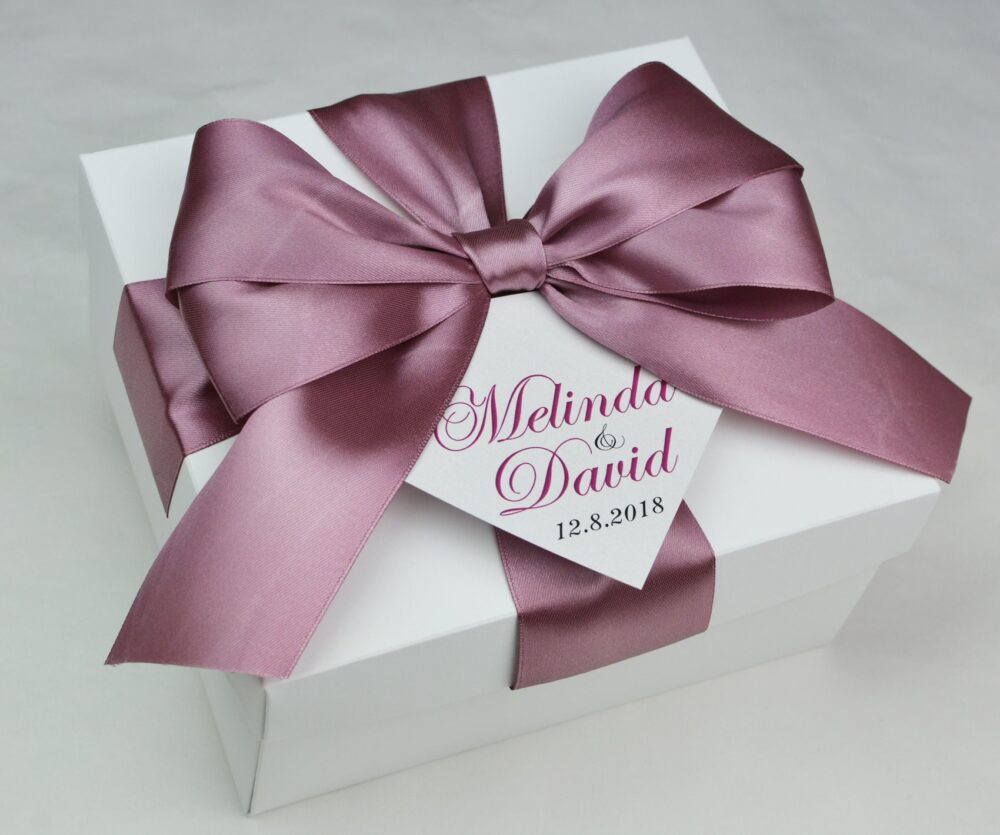Dusty Rose Wedding Gift Box With Satin Ribbon, Big Bow & Personalized Tag Your Names - Custom Wedding Favor Boxes For Guests