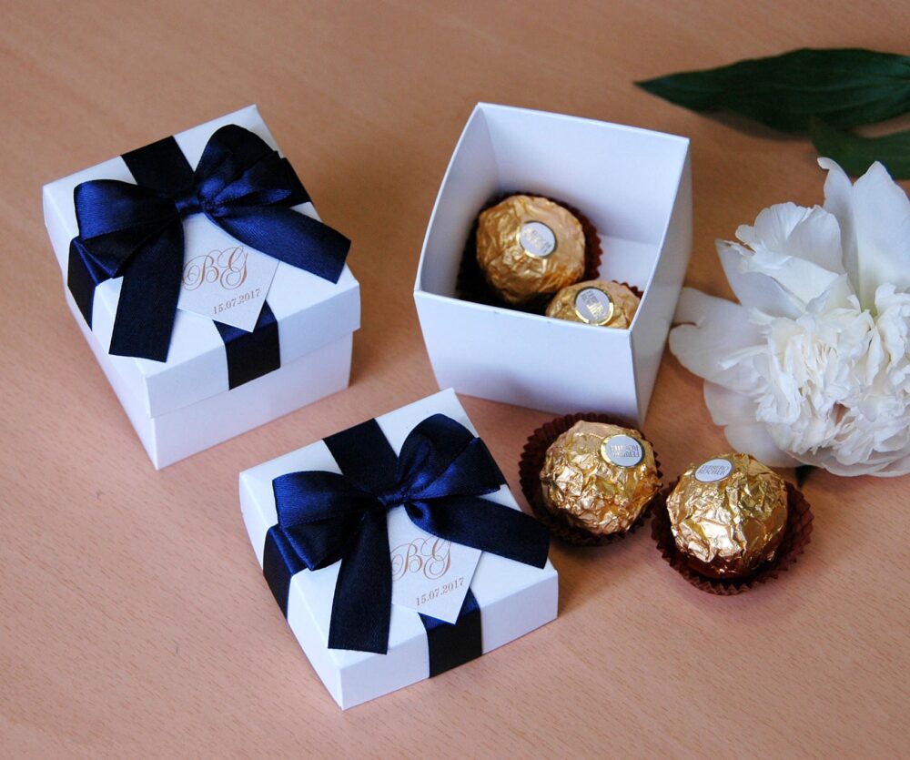 Navy Blue Wedding Bonbonniere - Elegant Wedding Favor Boxes With Satin Ribbon Bow & Personalized Tag Weddings Gifts Favors Candy Box