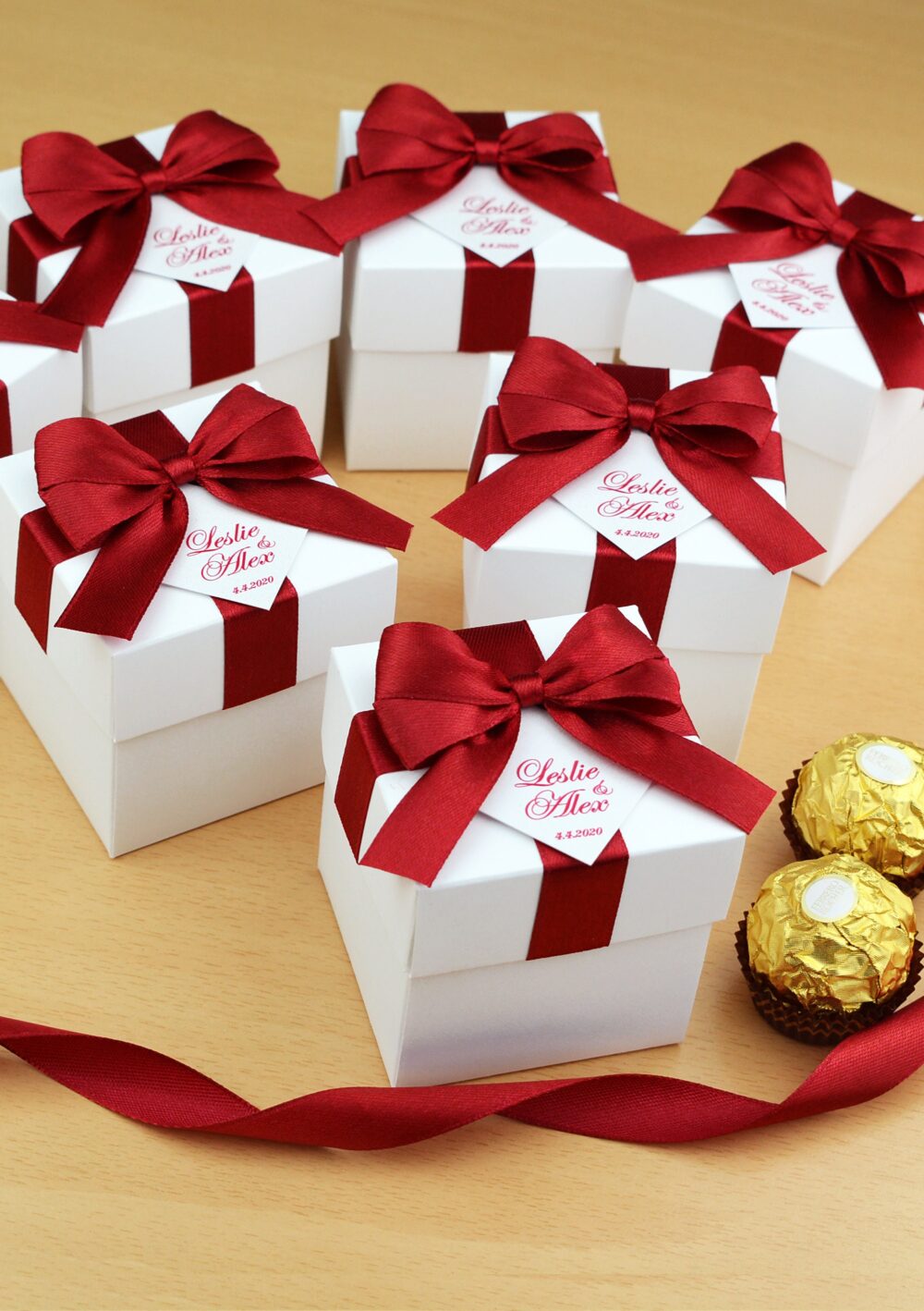 Personalized Wedding Favor Boxes With Red Burgundy Satin Ribbon Bow & Your Names, Elegant Bonbonniere, Custom Candy Box For Guests