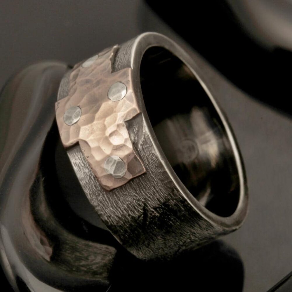 Rustic Mens Cross Ring Silver & Copper Wedding Band Rs-1229