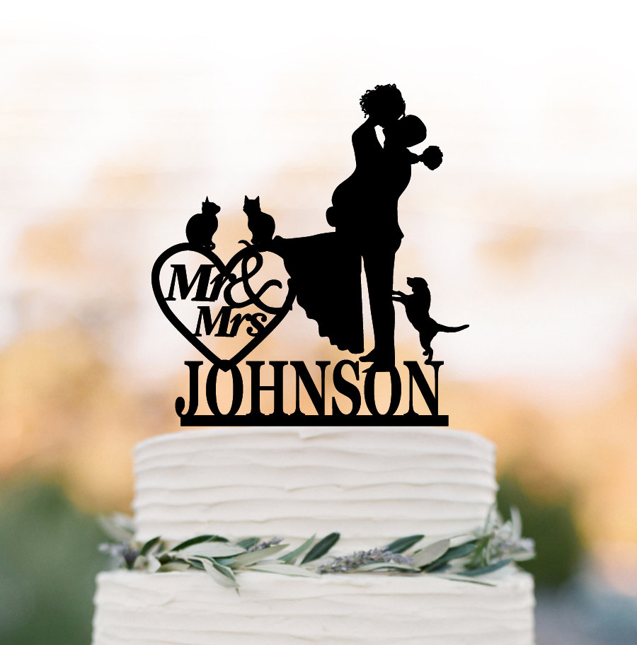 Custom Wedding Cake Topper Mr & Mrs, Toppers With Dog, Bride Groom Silhouette, Cake Toppers Cat, 2 Cats