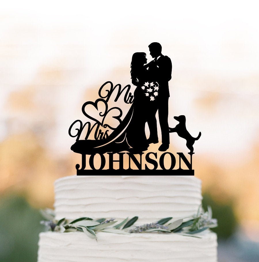 Silhouette Wedding Cake Topper, Bride & Groom Topper With Dog, Bridal Shower Rustic With Pet, Custom Cake Topper