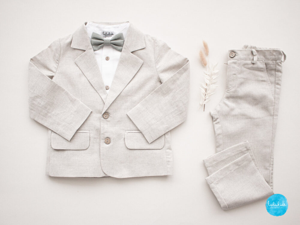 Tan Beach Wedding Boy Outfit, Ring Bearer Suit, Toddler Linen Clothes - 3Pcs Suit Blazer + Pants Shirt