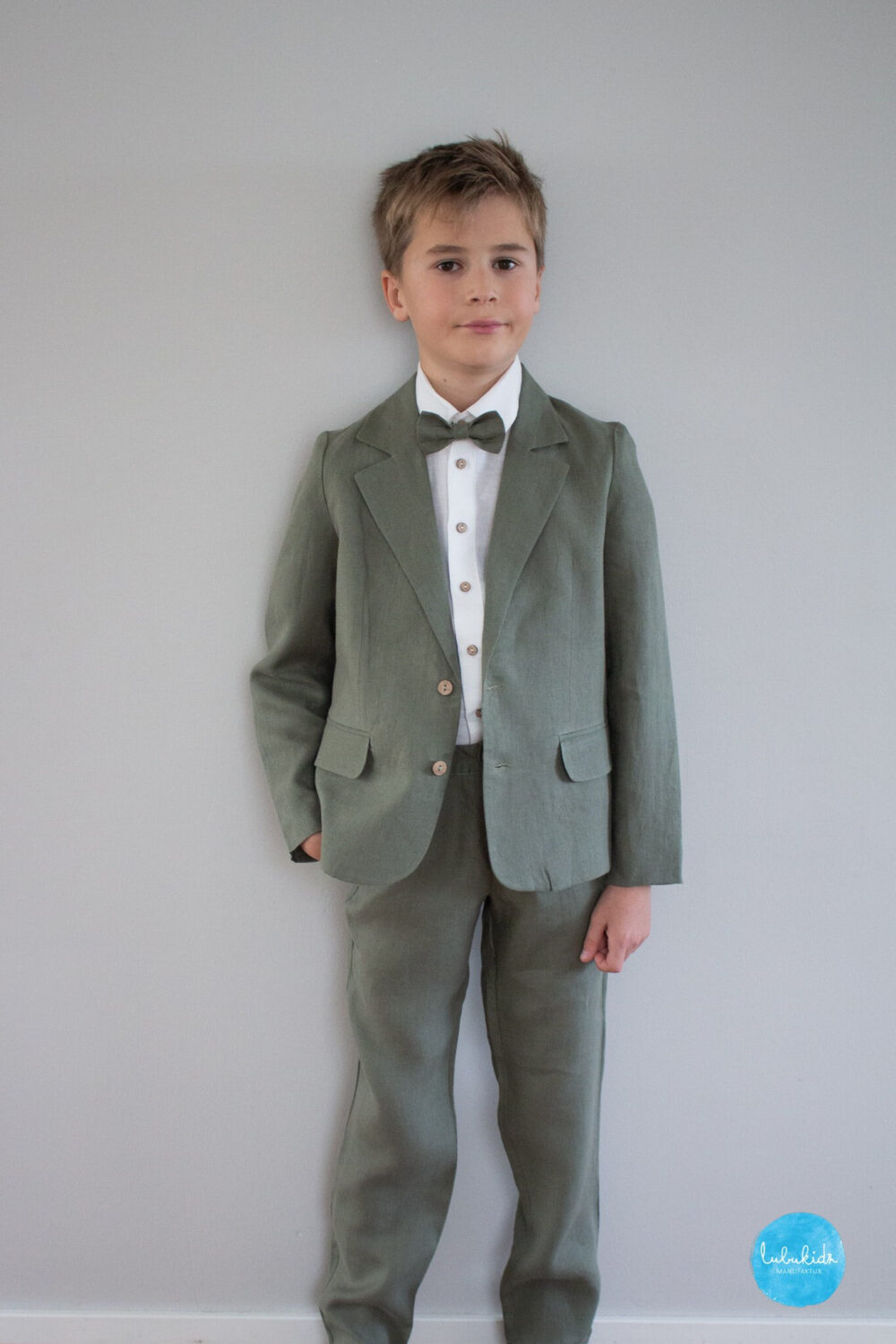 Smoke Green Boys Toddler Wedding Outfit, Page Boy Ring Bearer Suit - 4Pcs Linen Suit Blazer + Pants Shirt Bow Tie