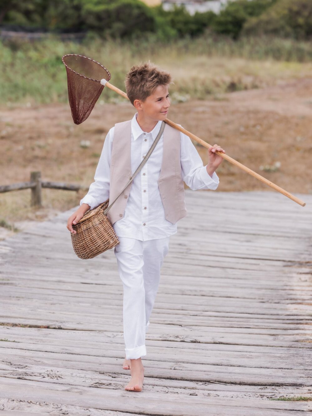 Boy's Suit, Ring Bearer Wedding Outfit, Communion Baptism Page Boy - 3-Piece Linen Outfit White Trousers + Shirt Vest
